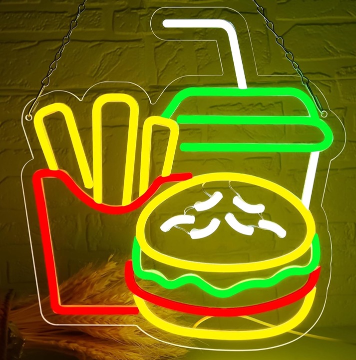 Tasty Bright Colorful Fast Food Burger, Fries and Drink LED Light Restaurant Dec