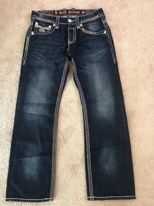 Rock Revival Mens Sz 32 Relaxed Straight Jeans Pablo Contrast Stitch Embroidered