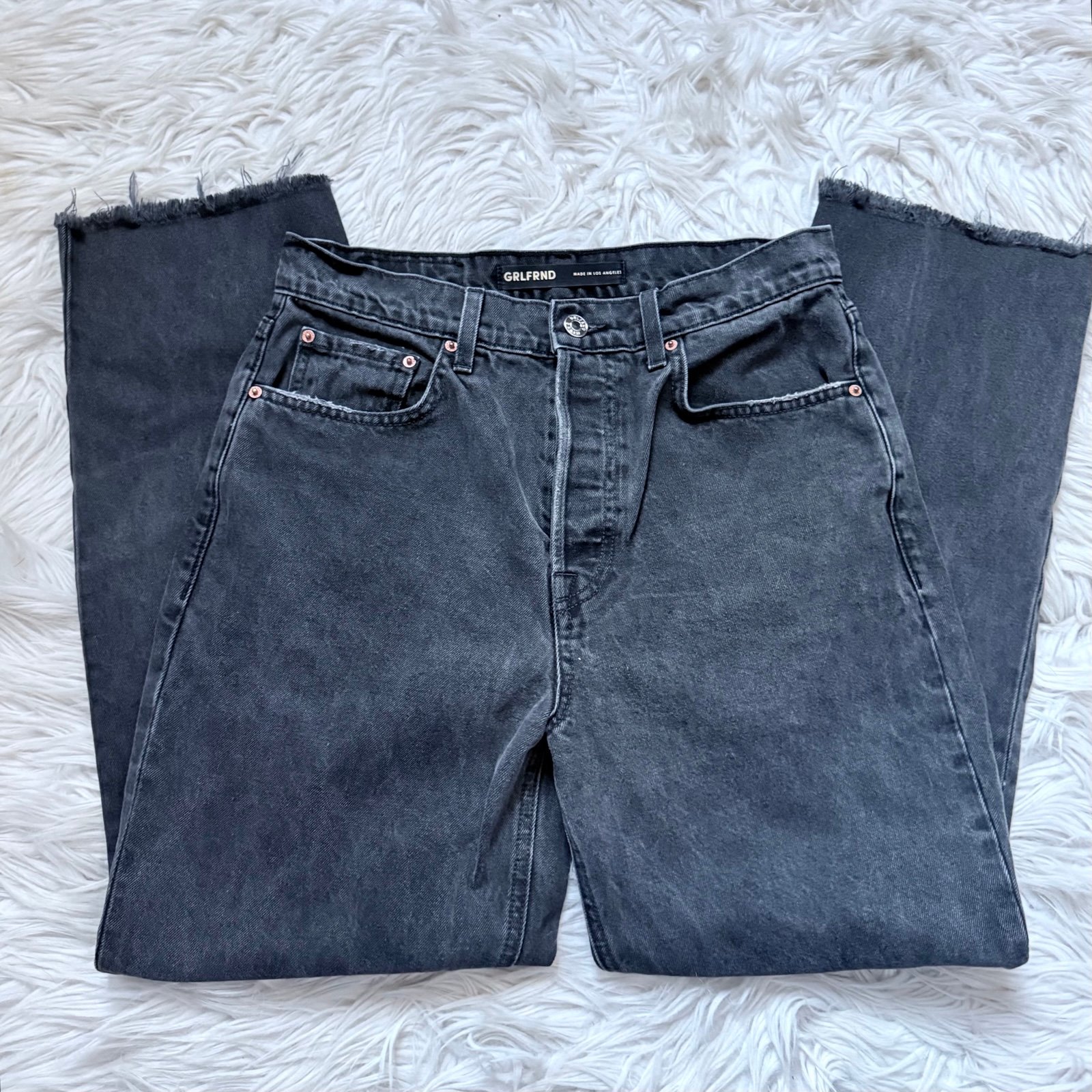 GRLFRND The Cassidy Straight Vintage Black Wash Raw Hem Denim Jeans 28