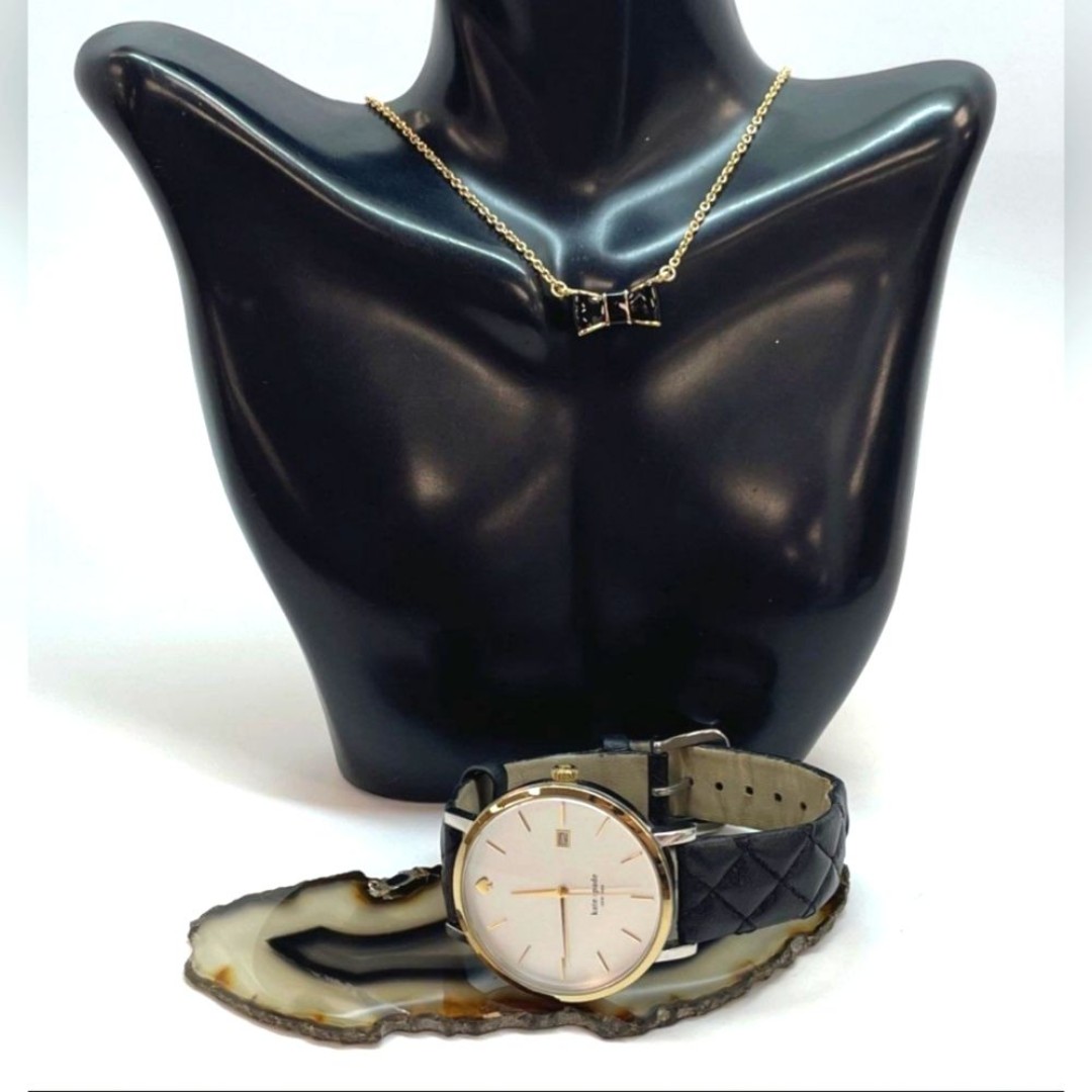 Bundle 2 Kate Spade Designer Black Gold Bow Pendant Necklace Quilted Band Watch