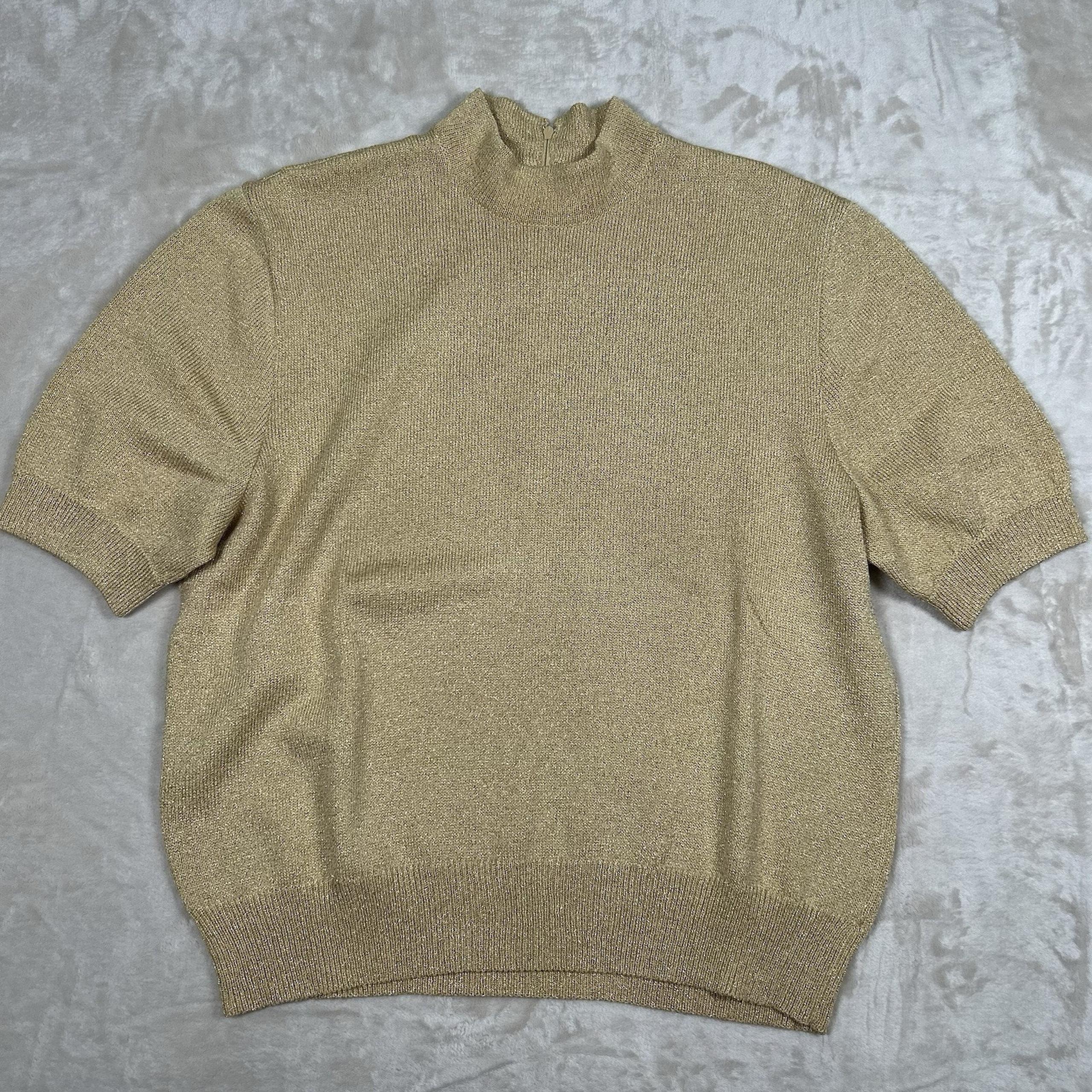 St. John Separates Santana Knit Mock Neck Short Sleeve Top Gold Women's Size M