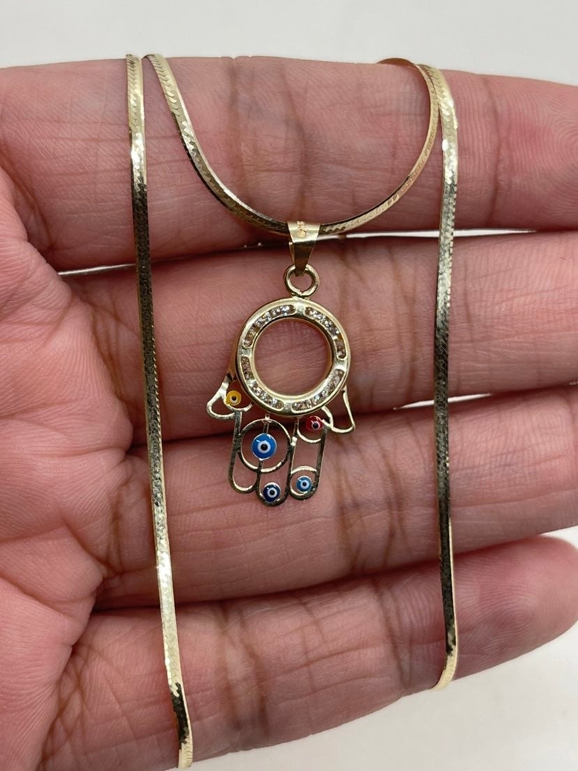 10K Gold Hamsa Herringbone Necklace