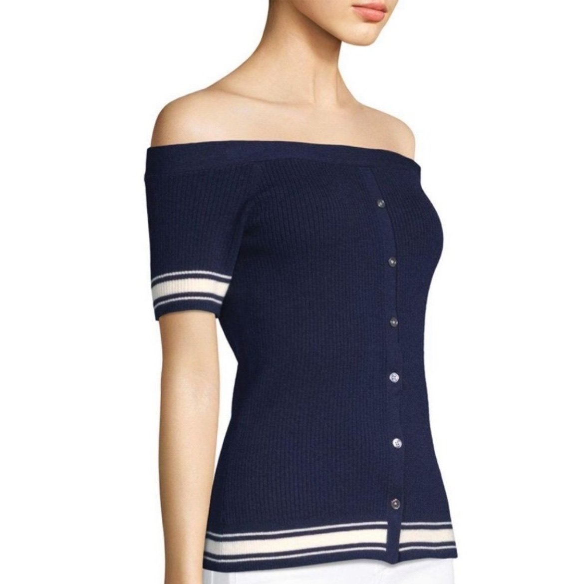 Frame Denim Navy / White Ribbed Off-the-Shoulder Button Down Sweater, sz Med