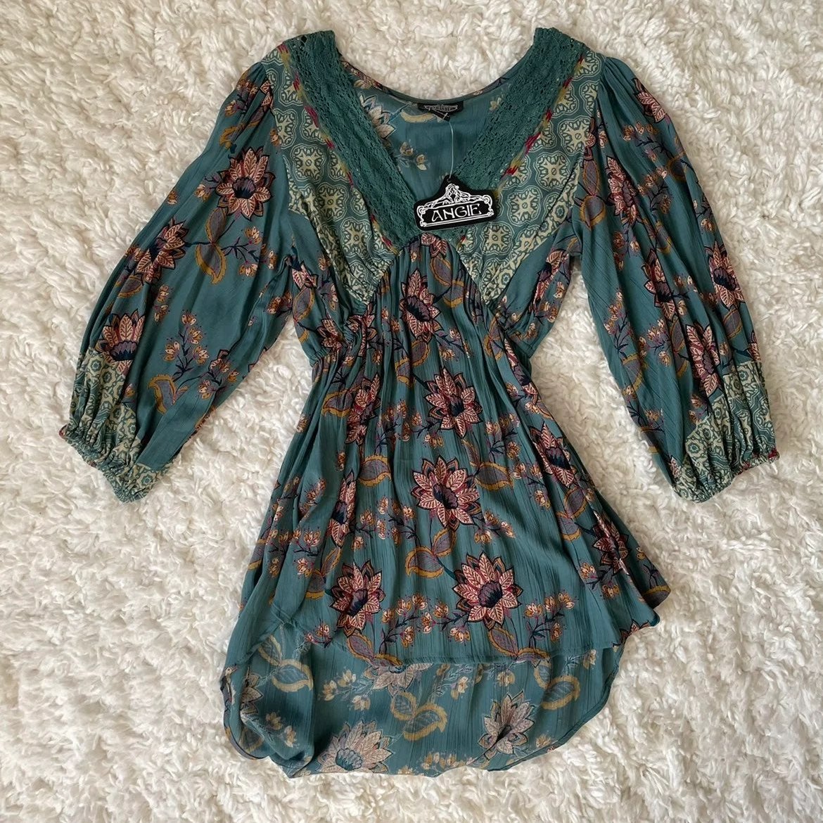 NWT Angie Floral Burgundy Smocked Back Front Tie Summer FALL BOHO Mini Dress