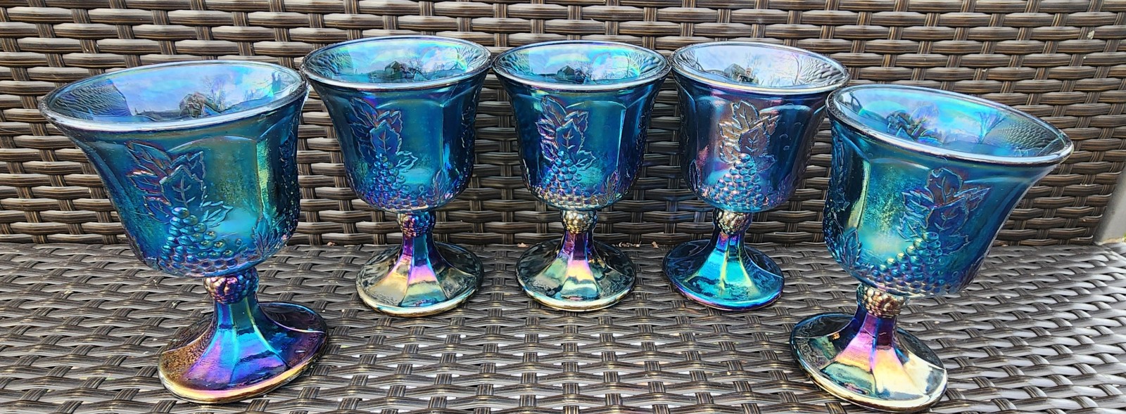 Set of 5 Vintage HARVEST GRAPE Blue Carnival Glass Water Goblets By Colony