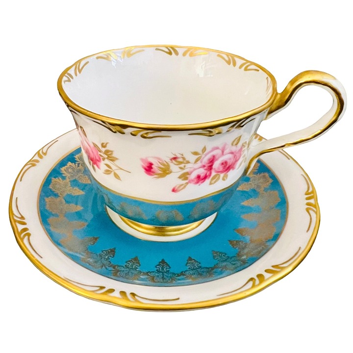 Vintage Aynsley Bone China Peacock Blue Floral Gold Gilt Tea Cup And Saucer