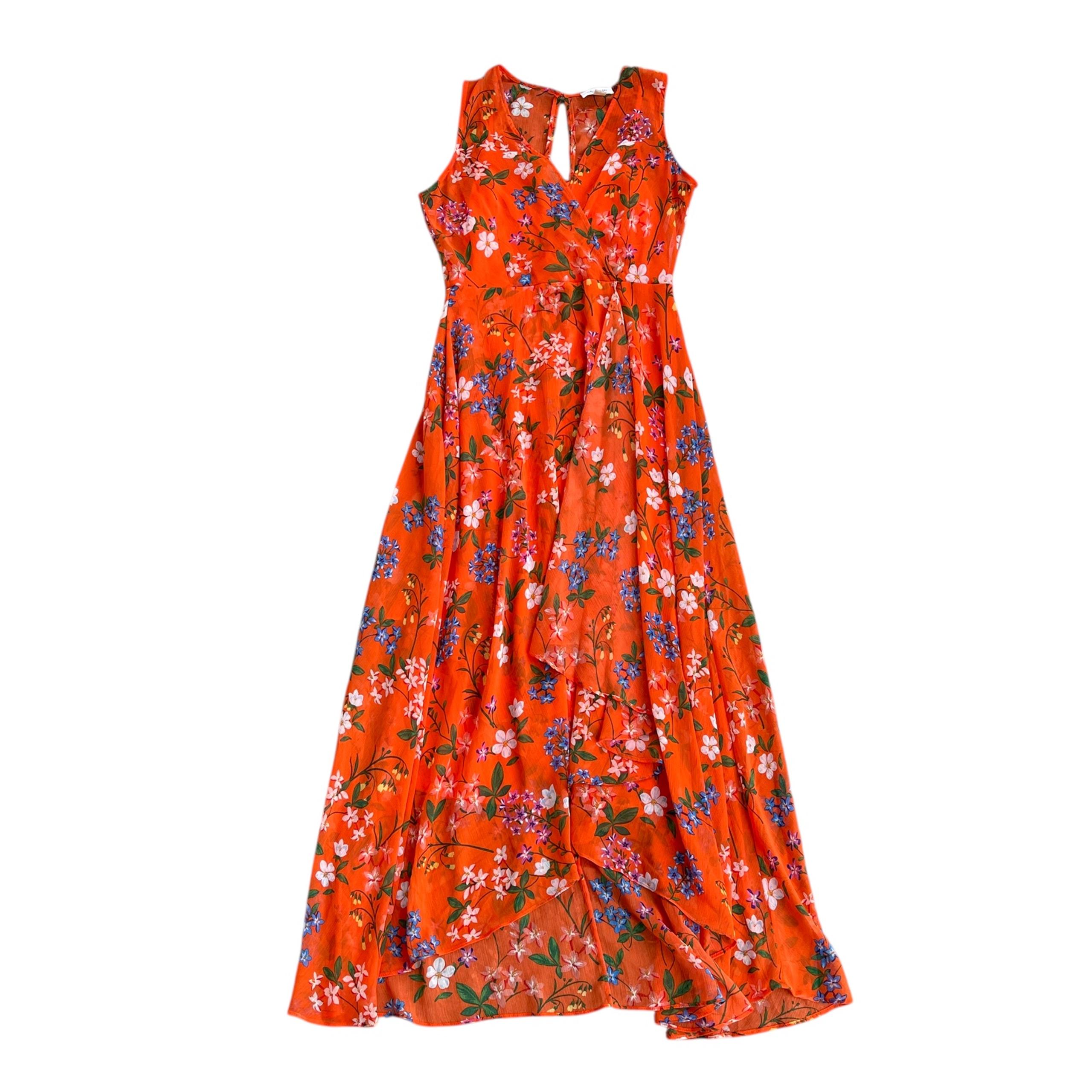 Calvin Klein Women’s Orange Floral Print V Neck Sleeveless High Low Maxi Dress