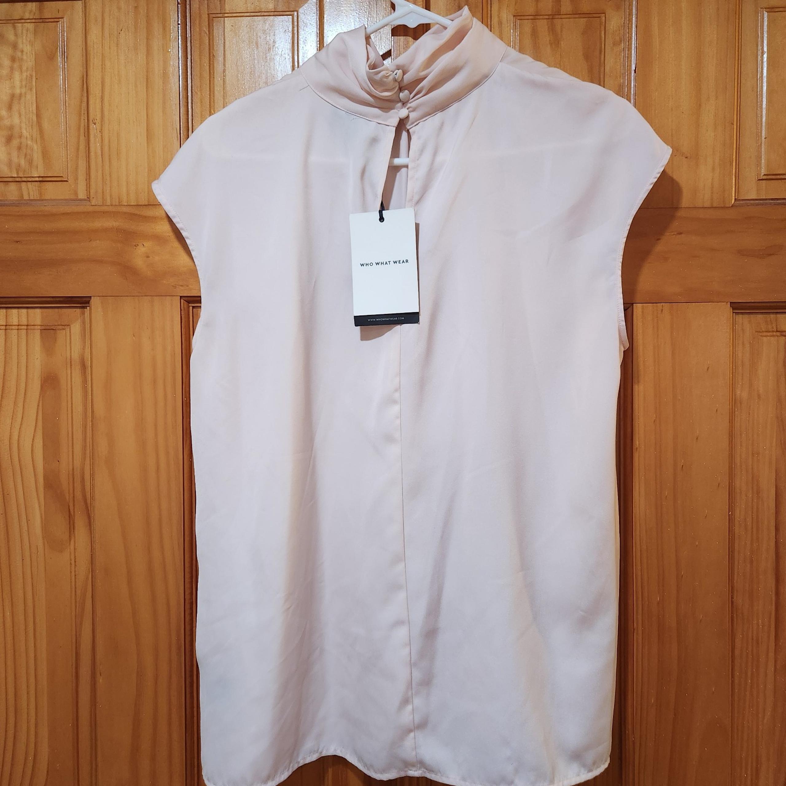 WHO WHAT WEAR Women’s Sleeveless BLOUSE Ruched High Neck Blush Pink XL NEW NWT