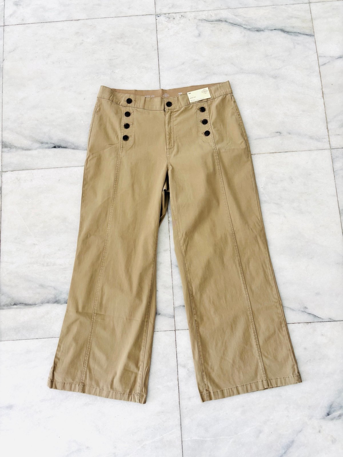 St. John’s Bay Mariner Wide Leg Pants Trouser Button Front Khaki Women’s 16W NWT