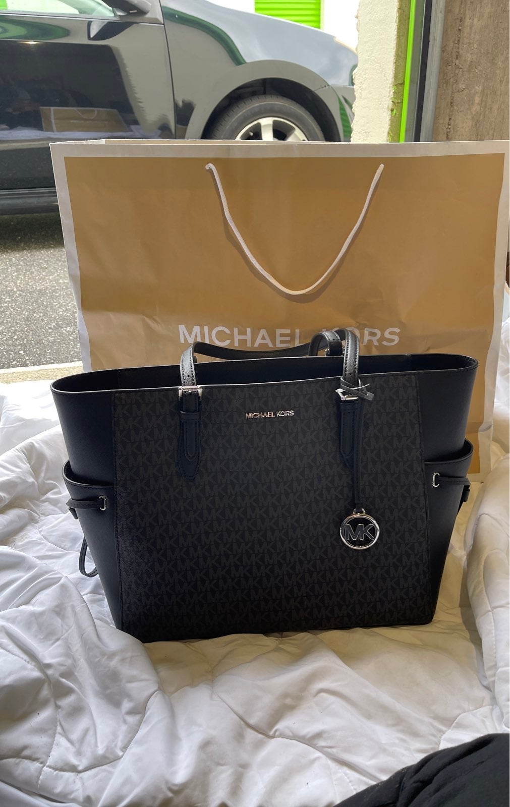 Michael kors black monogram large leather bag