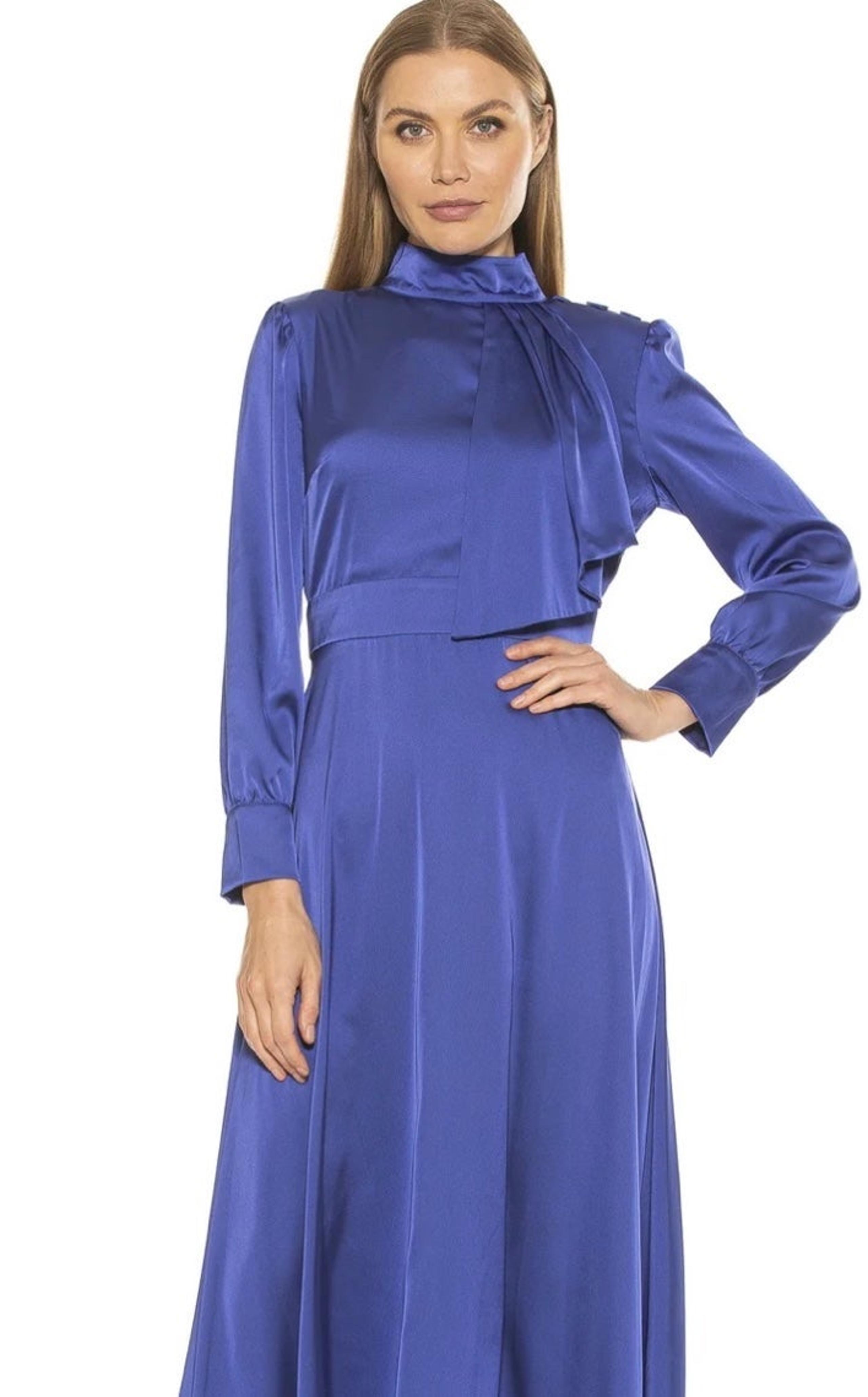 Alexia Admor Women Sz 4 Dress Brooklyn Midi Mock Neck Long Sleeve Blue NWT