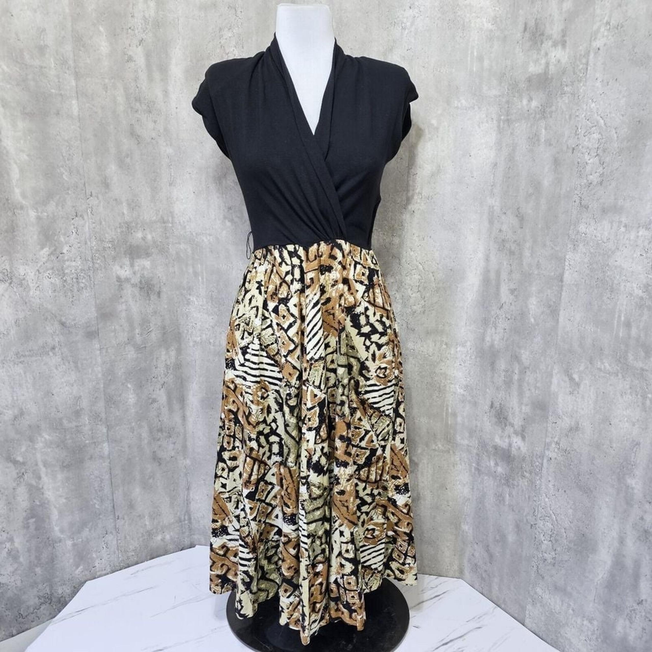 Vintage 90s Nina Piccalino Womens M Black Sleeveless Brown Abstract Midi Dress