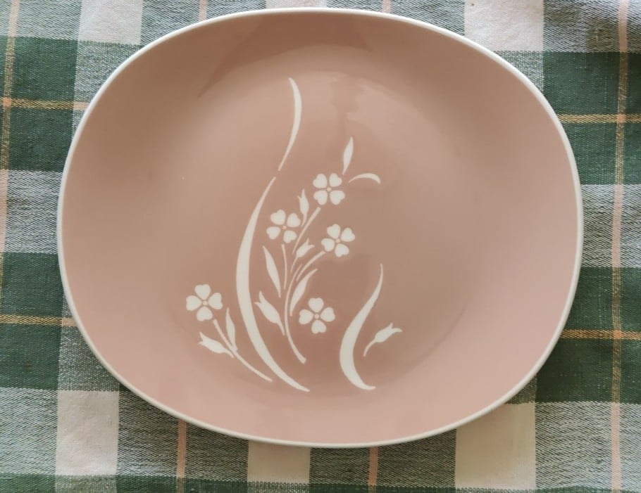 Vintage Harkerware Large 11 Oval Springtime Platter in Pink Cocoa MCM 1950s