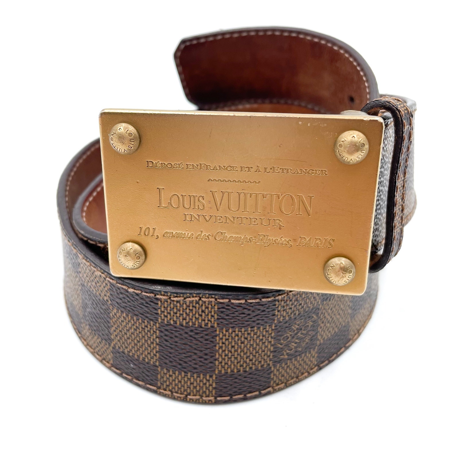 Louis Vuitton Belt Inventeur Brown Check Canvas Damier Ebene Large Buckle 90 cm