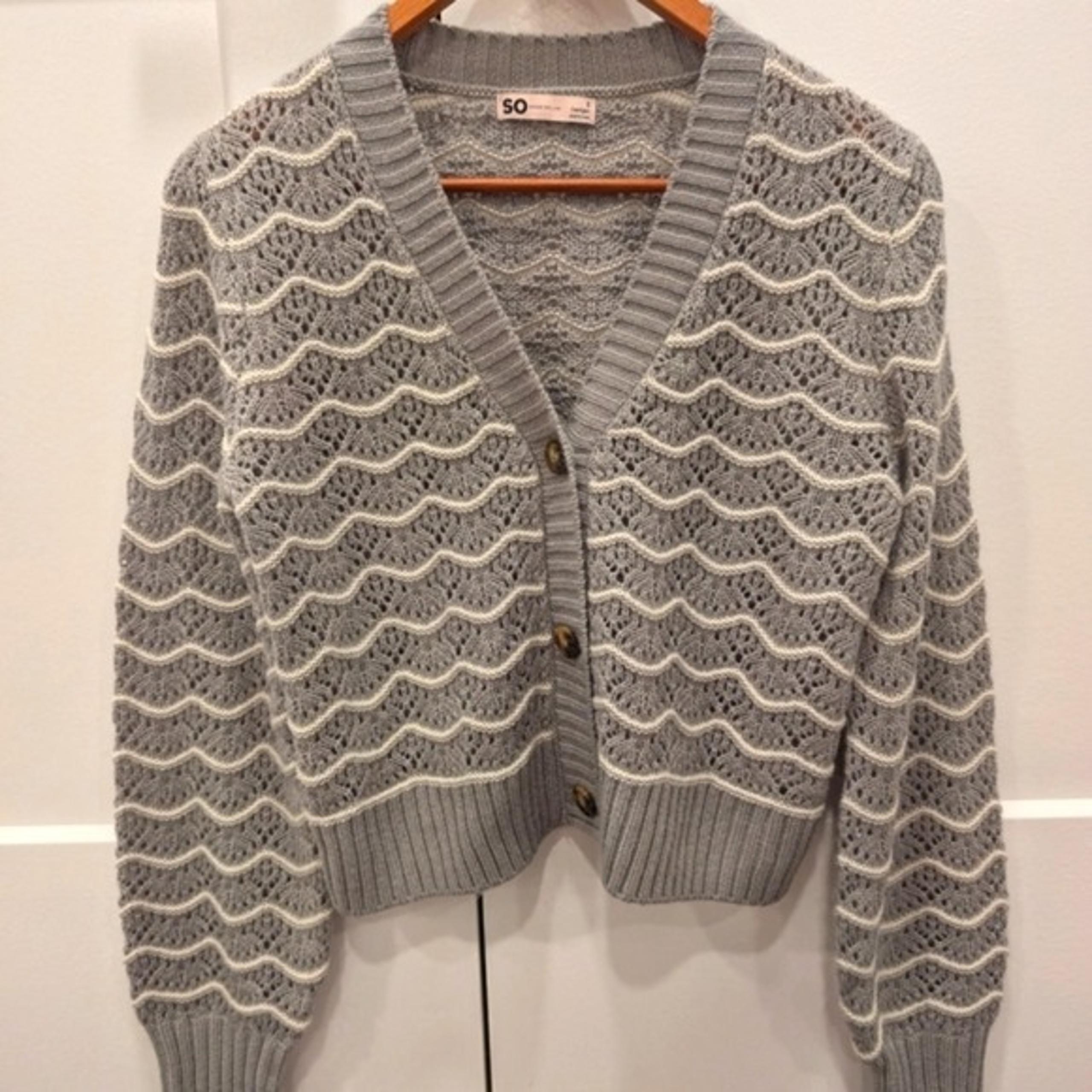 SO Pointelle Knit Gray Striped Cardigan Sweater