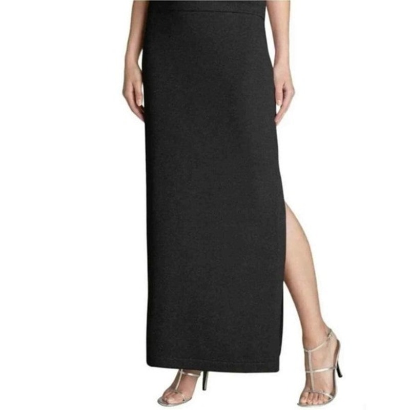 St. John Black High Waisted Knit Maxi Skirt size 12 Tall Side Slit MSRP 320