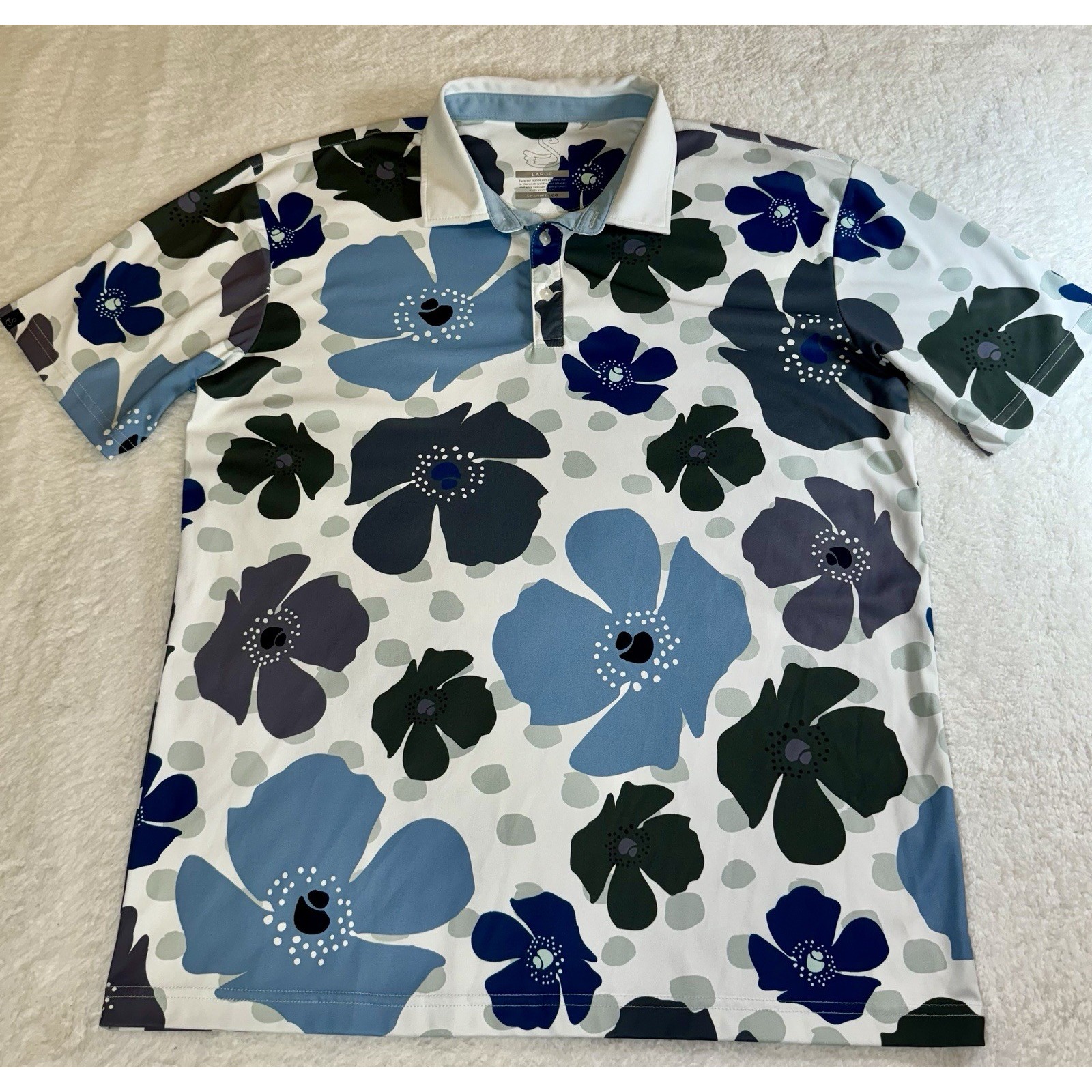 Swannies Mens Blue & White Floral Print Performance Golf Polo Shirt Size Large L