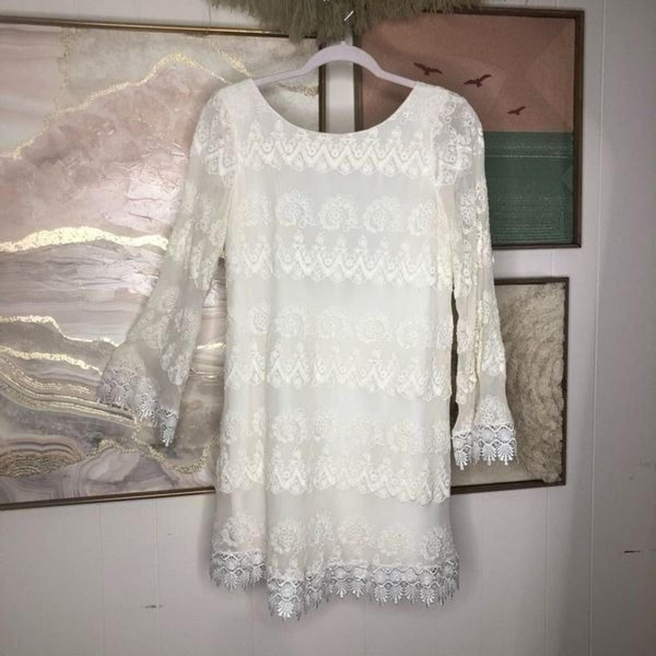 Foley & Corinna Women's Silk Lace Lined Long Sleeve Shift Dress Cream Medium