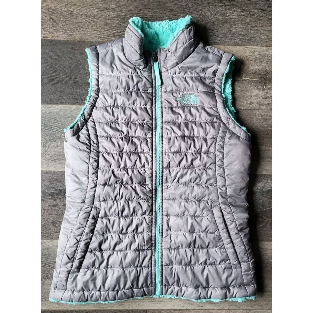 The North Face Girls 550 Goose Down Puffer Vest Size Large Gray Teal Reversible