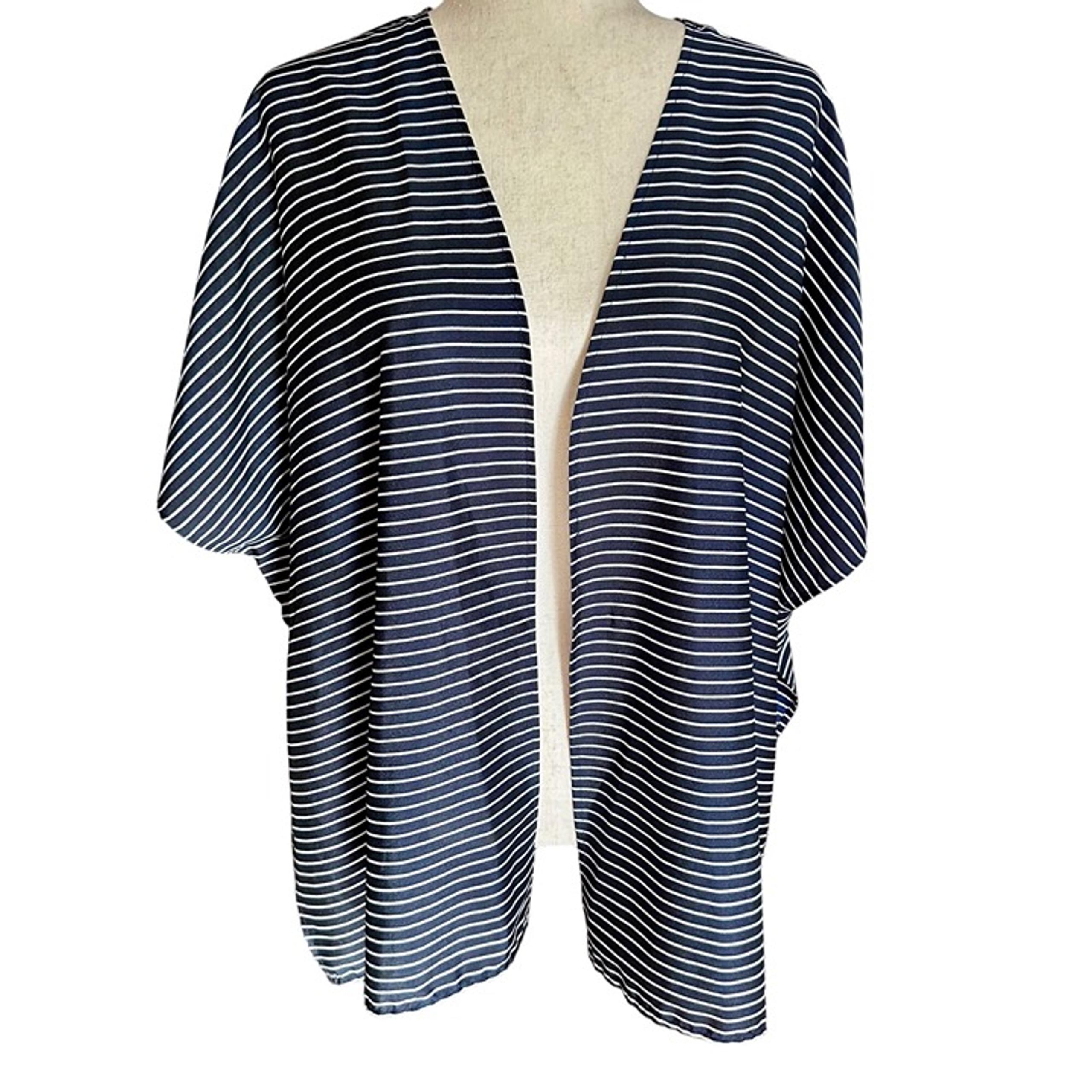 The Limited Cardigan Women M/L Navy Blue White Stripe Open Front Sleeveless