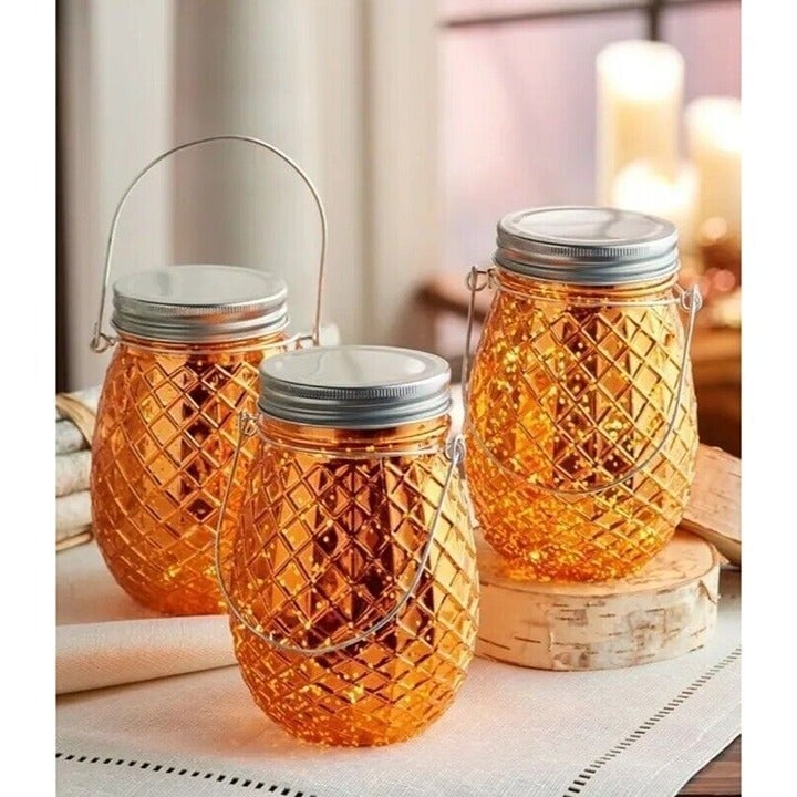 Brand NIB Set of 3 Valerie Parr Hill Orange Illuminated Mason Jar Timer Function