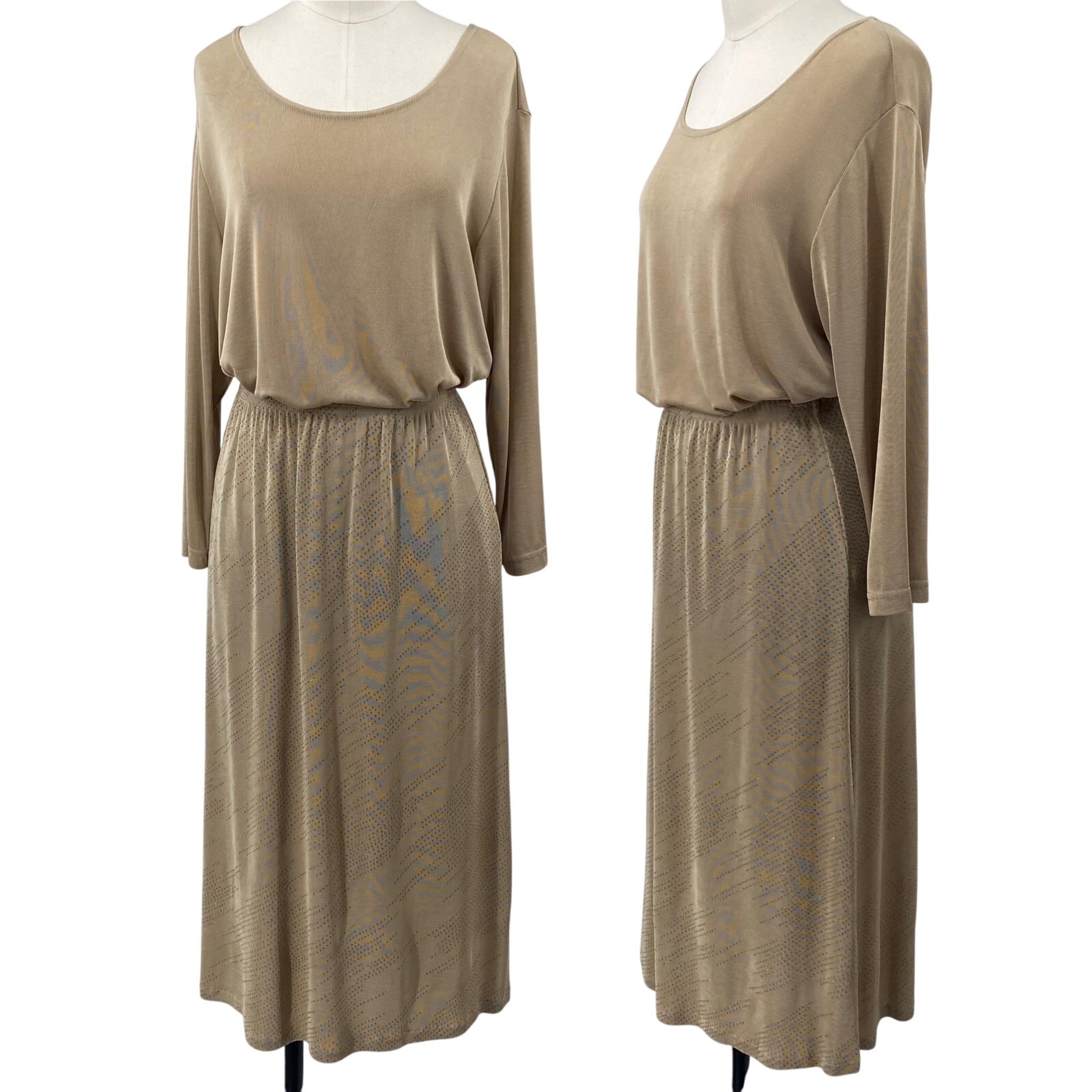 Vintage Slinky Brand Skirt Set Stretchy Knit Glitter Dot Long Sleeve Beige NEW S