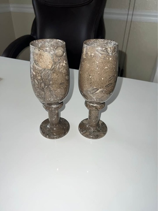 2 Vintage Fossil Stone Wine or Water Goblets Agate Onyx Marble Stoneware