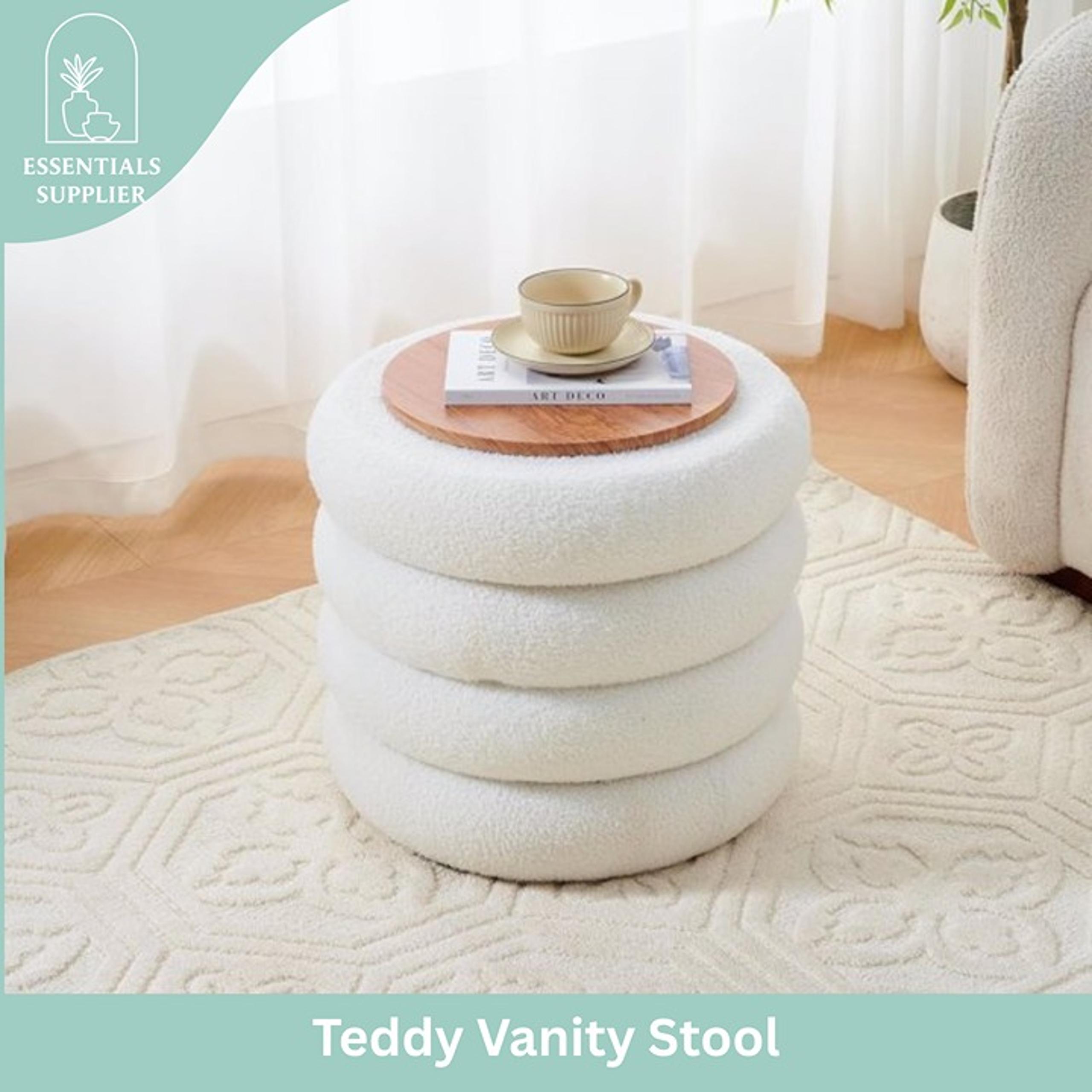 Round Shape Storage Ottoman Stool with Flip Tray, Vanity & Footrest Chair, White