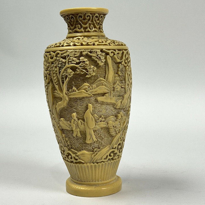 Vintage Intricately Carved Yellow Soapstone 8.5 Vase W/Scenic Landscape Design