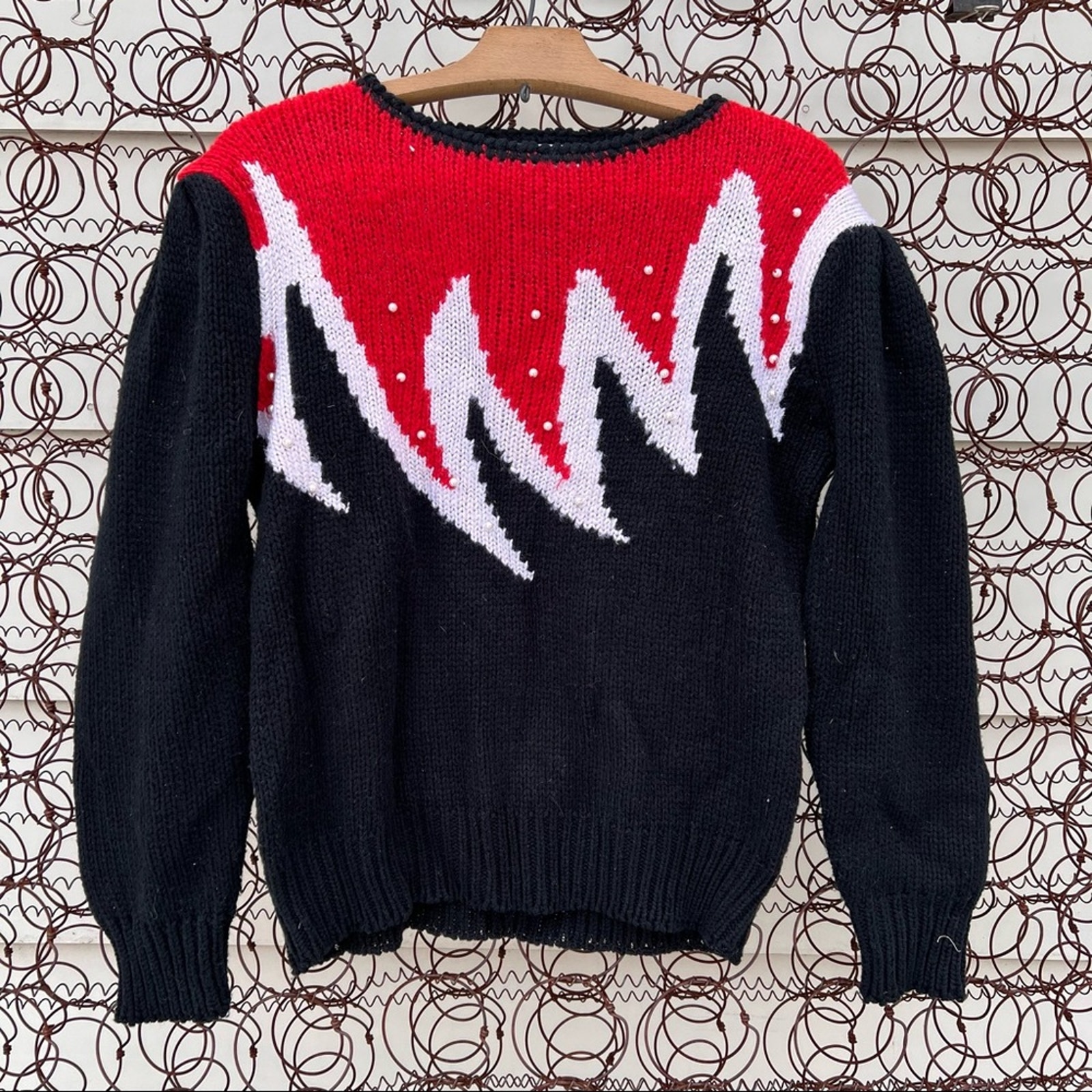 Vintage 90s Right Fashion red and white flame knit puff sleeve sweater