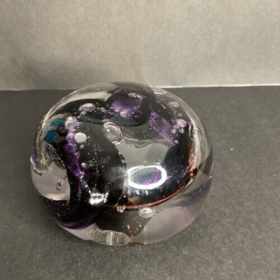 VTG Art Glass Decor Eye Jellyfish/Octopus Purple/Black Swirl Paperweight 2 X2.7
