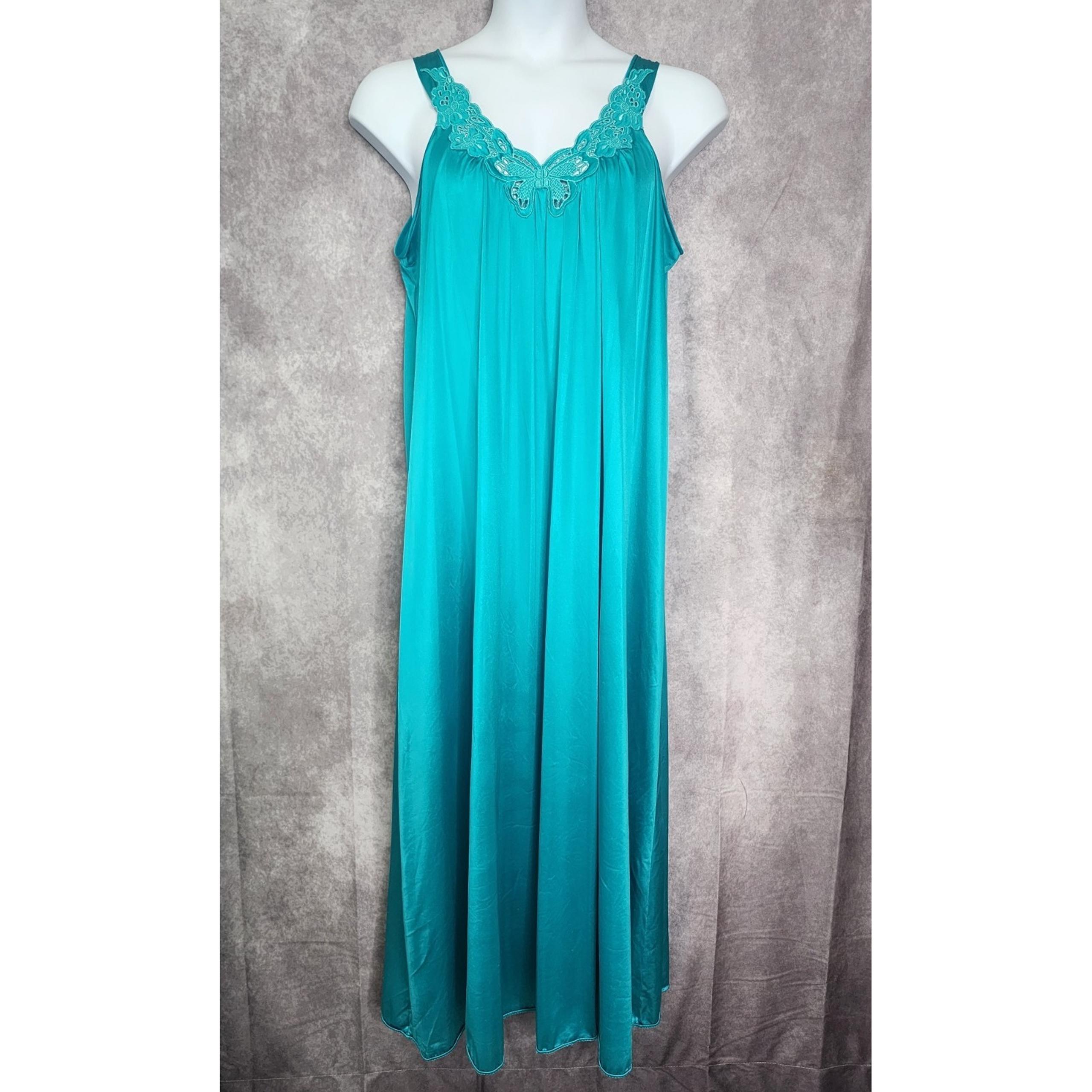 Vintage Vanity Fair Nylon Nightgown Womens Sleeveless Nylon Butterfly Teal Green