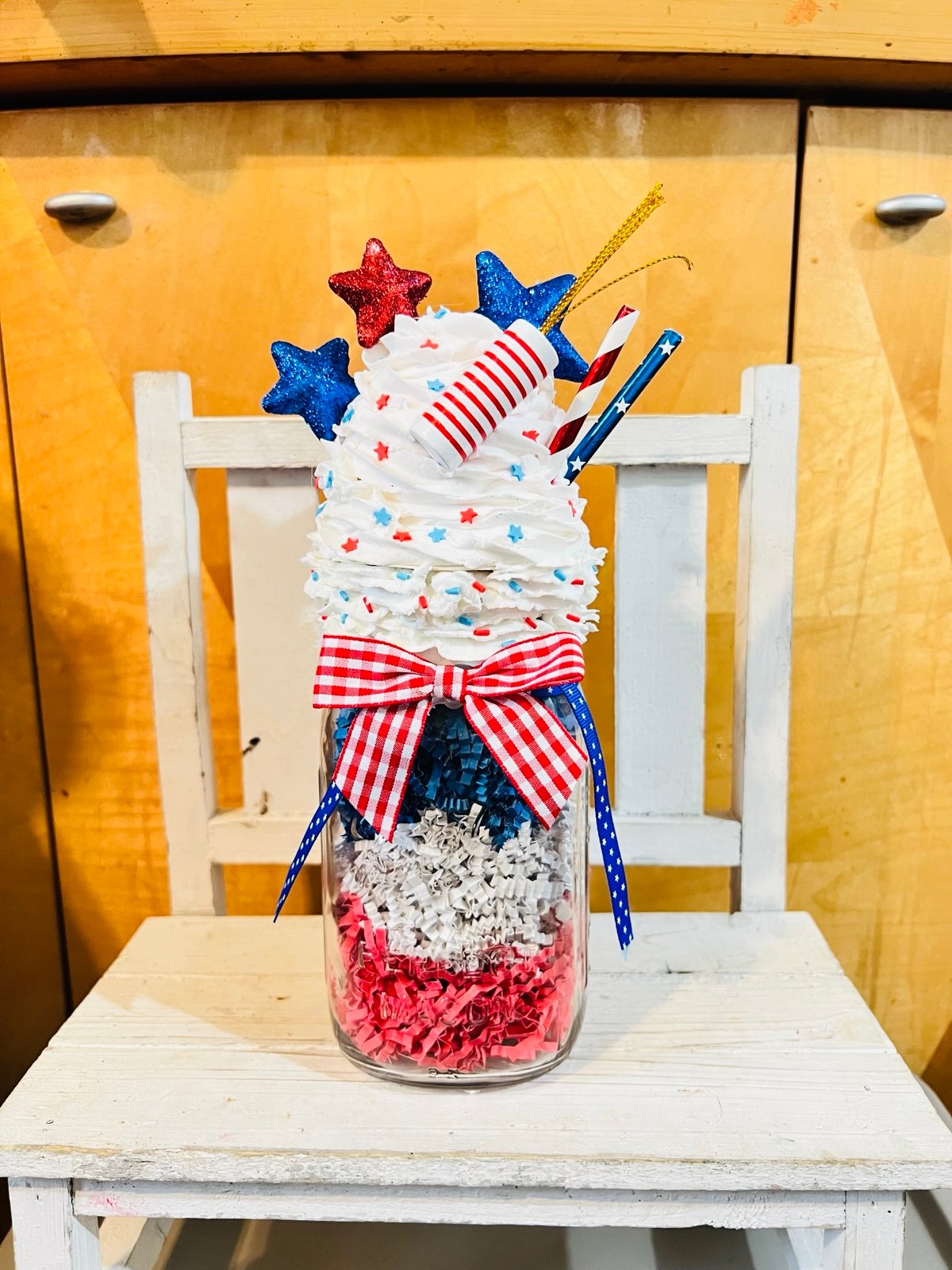 12” FAUX WHIP July 4th stars and fireworks decor glass Mason