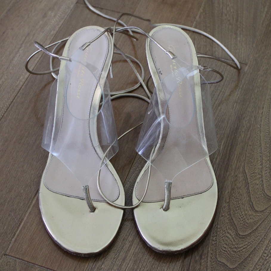 Gianvito Rossi Clear Plastic Thong Sandal Heels Gold Lace Up Wrap Shoes 39