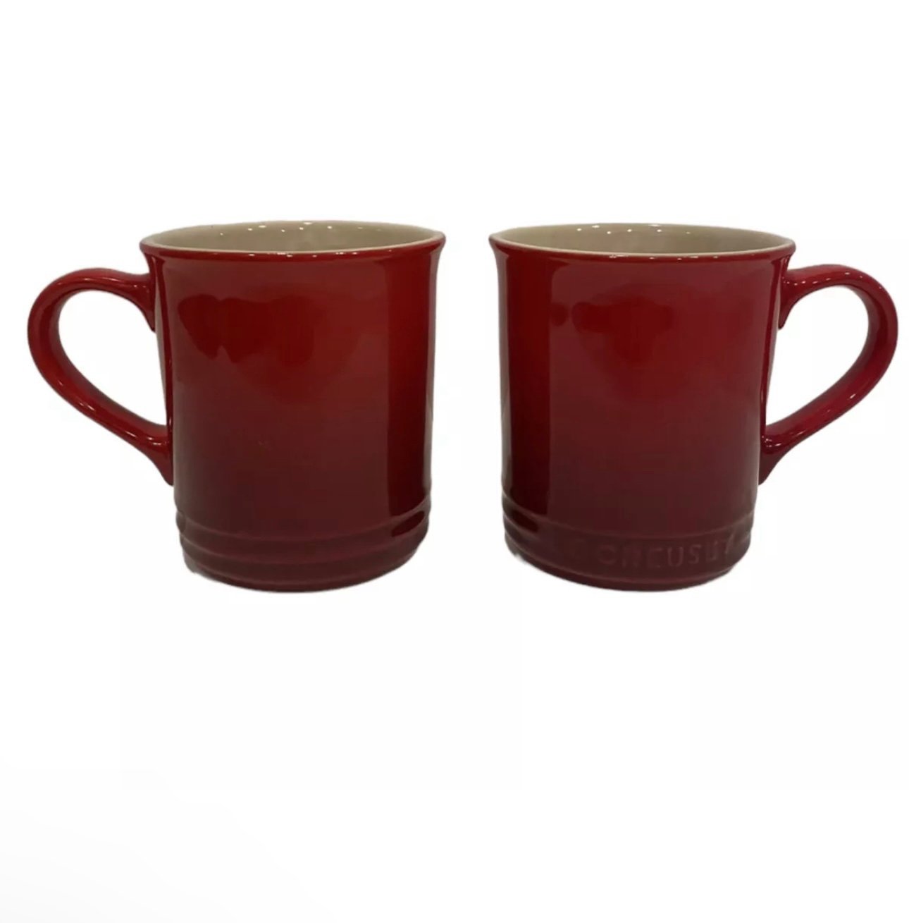 Pair of 2 LE CREUSET Stoneware Coffee Cups Mugs Gradient Red Ombre Ribbed