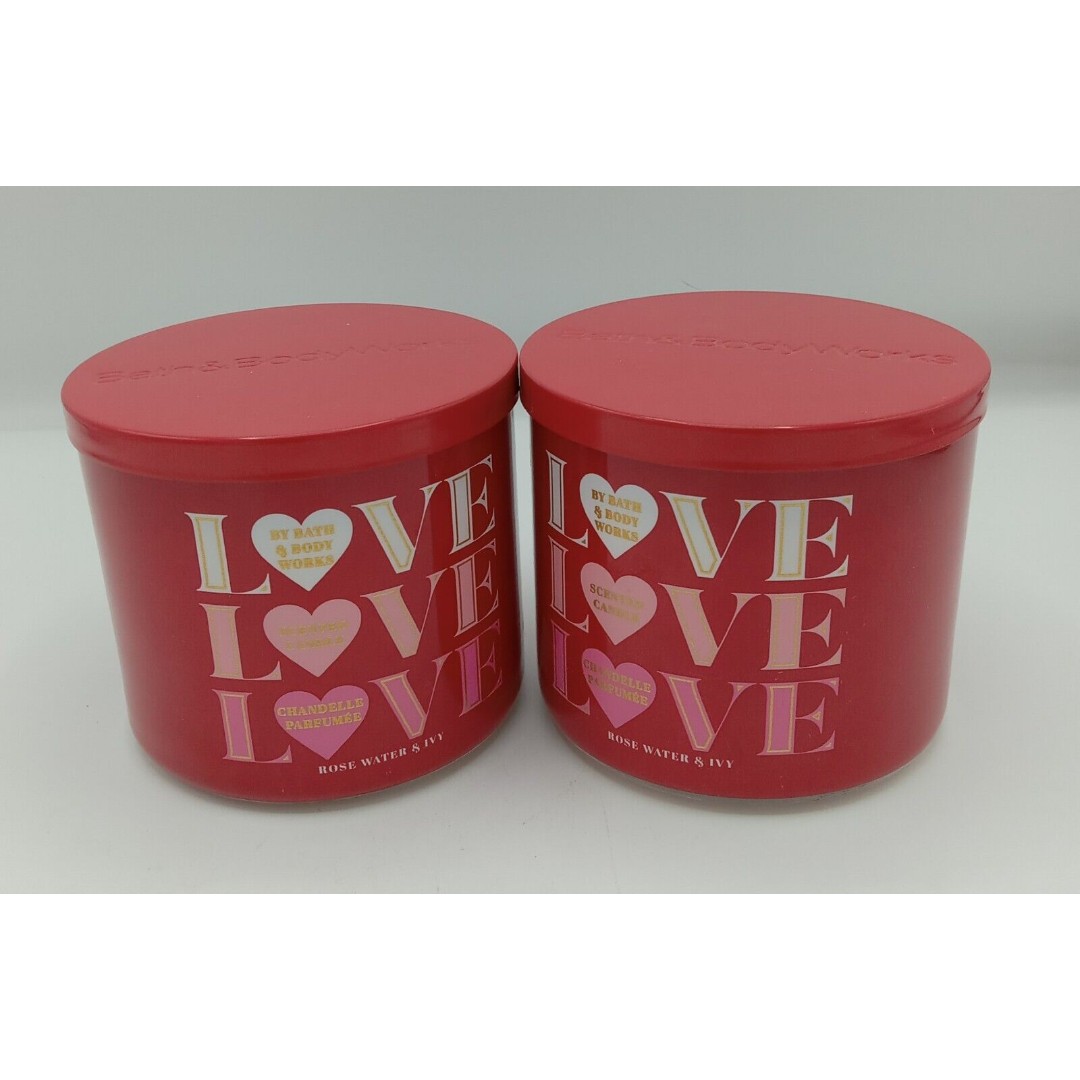 Lot Of 2 Bath & Body Works LOVE ROSE WATER & IVY Scented 3 Wick Candle 14.5oz
