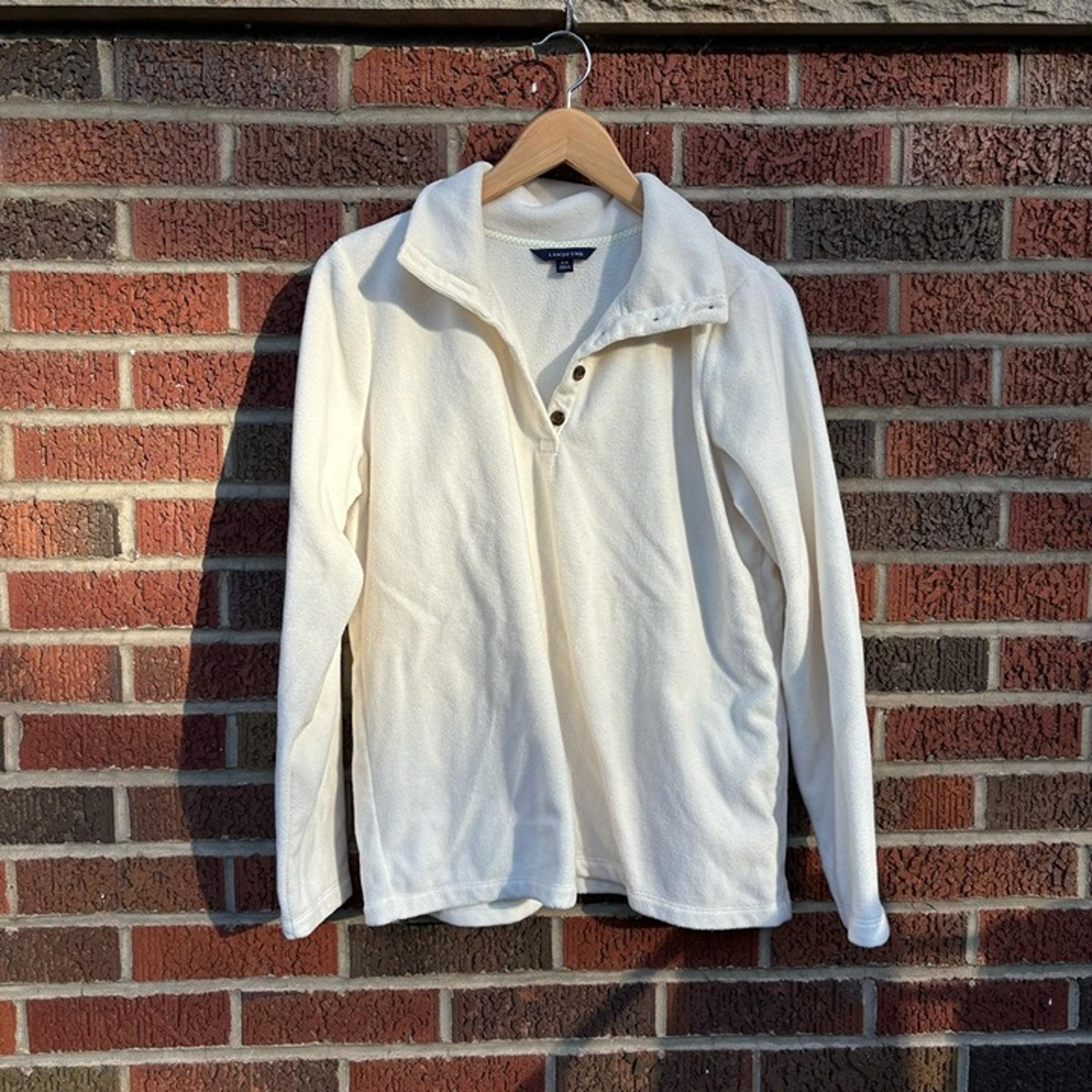 Land’s End Cream White Fleece Button Collared Pullover Sweater - Lands' End