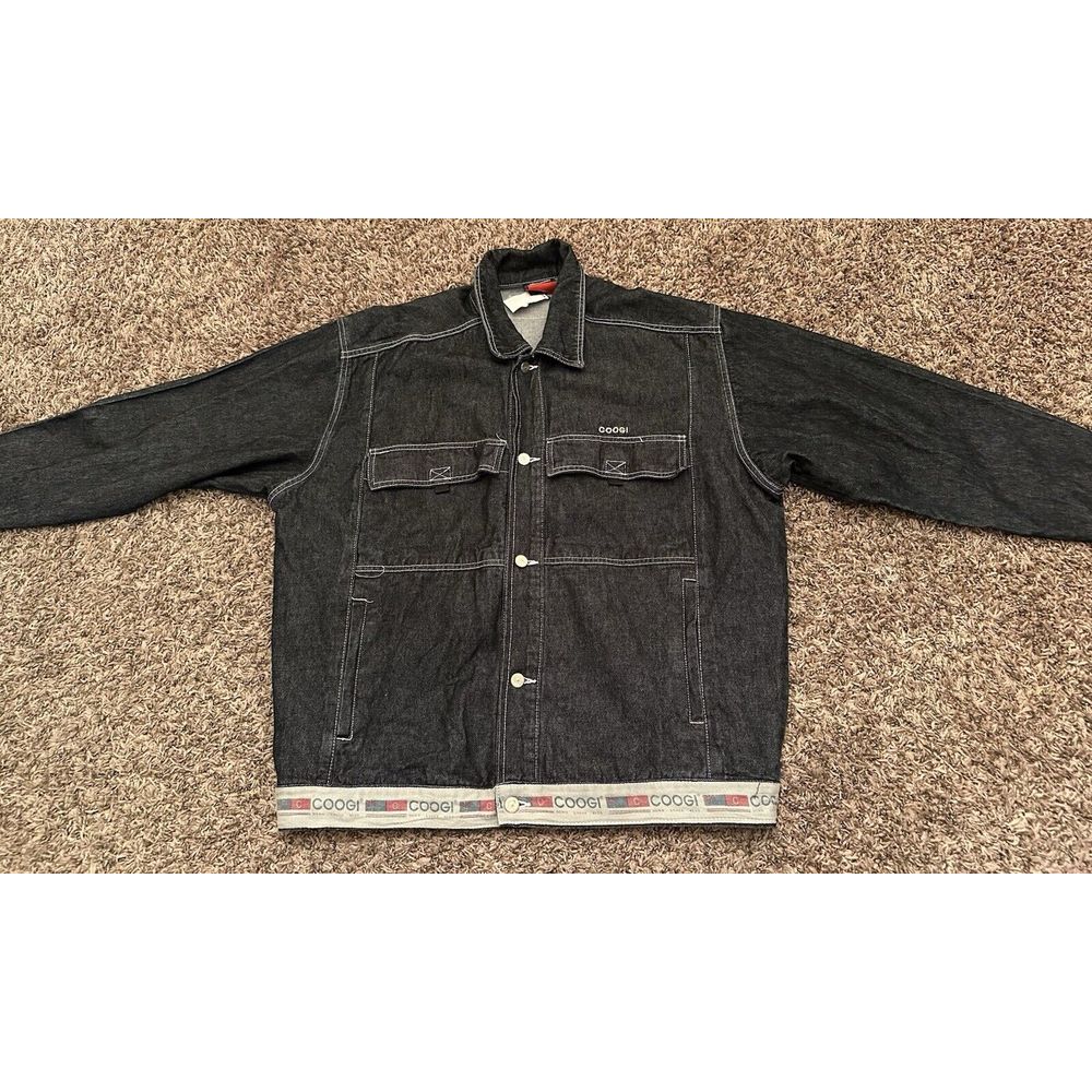 Y2K Coogi Australia Denim Jacket Black/Blue Jean Zip Up Grunge Hip Hop Men Sz XL