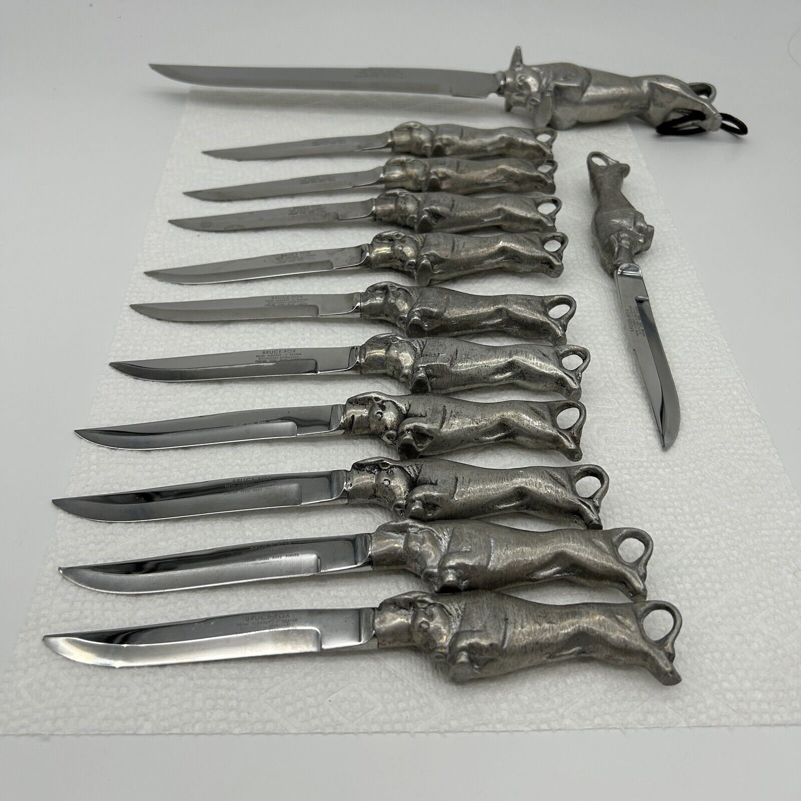 Bruce Fox Chromed Steel German Made Steak Knives Charging Bull Handle Lot Of 10