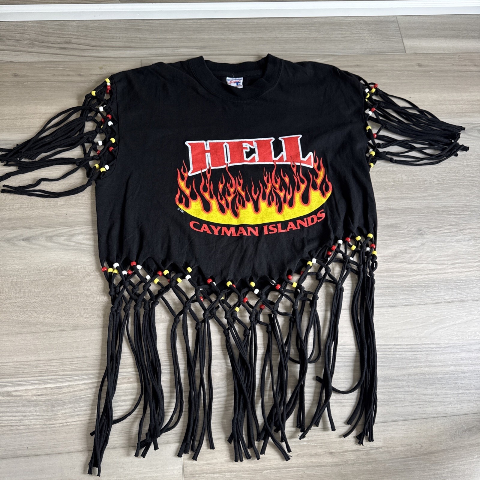 Sun Island HELL Cayman Islands Shirt Fringe Beads Vintage Women's M Crop Top