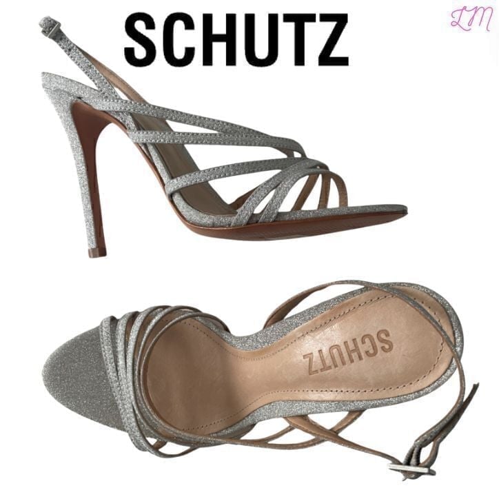 New Schutz Strappy Silver Fine Glitter Heels Sandals NWOB Size 39/9