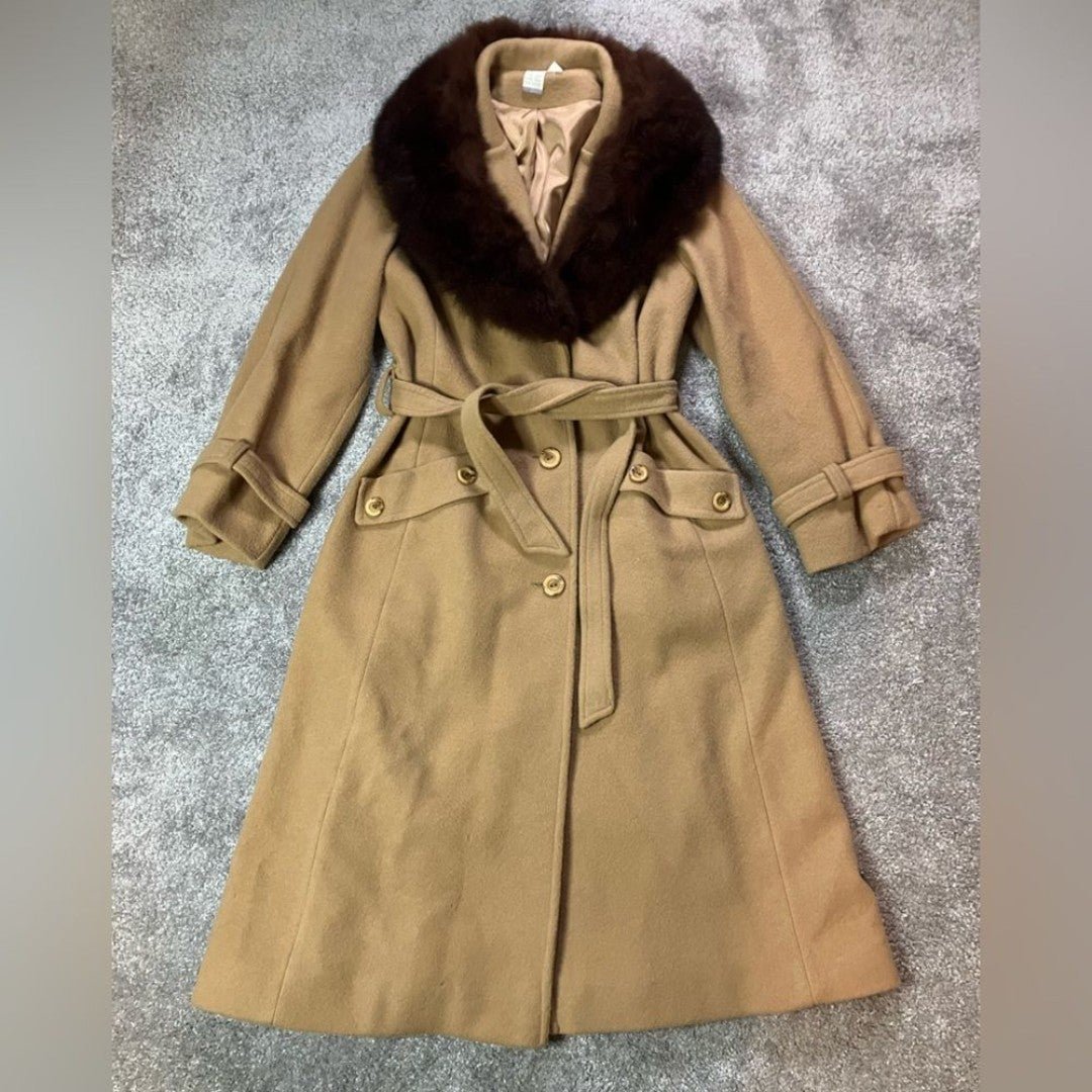 Women’s Long Tan Wool Coat w/Brown Fur Trim Size 11/12