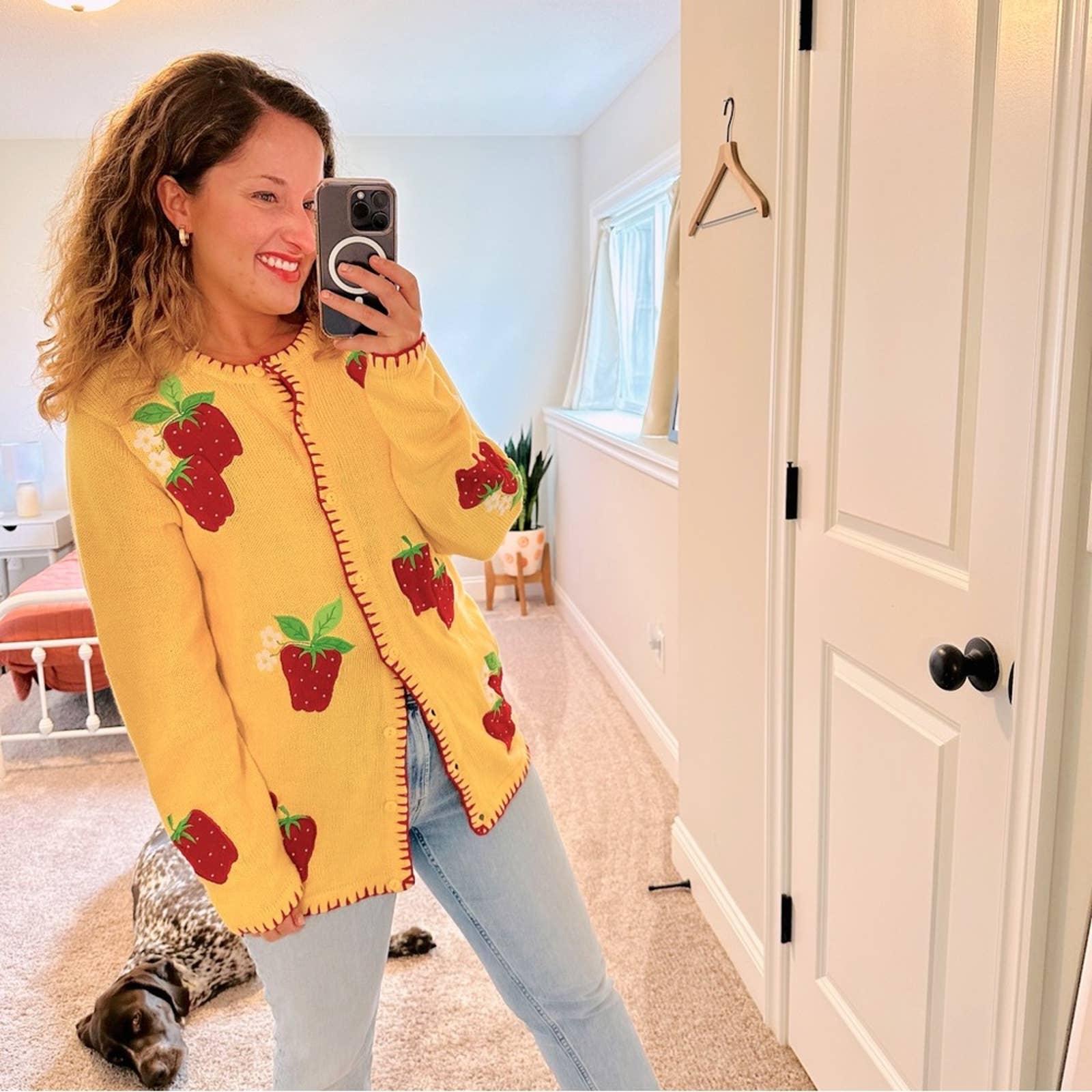 Vintage The Quacker Factory Yellow Cotton Ramie Strawberry Cardigan Sweater M