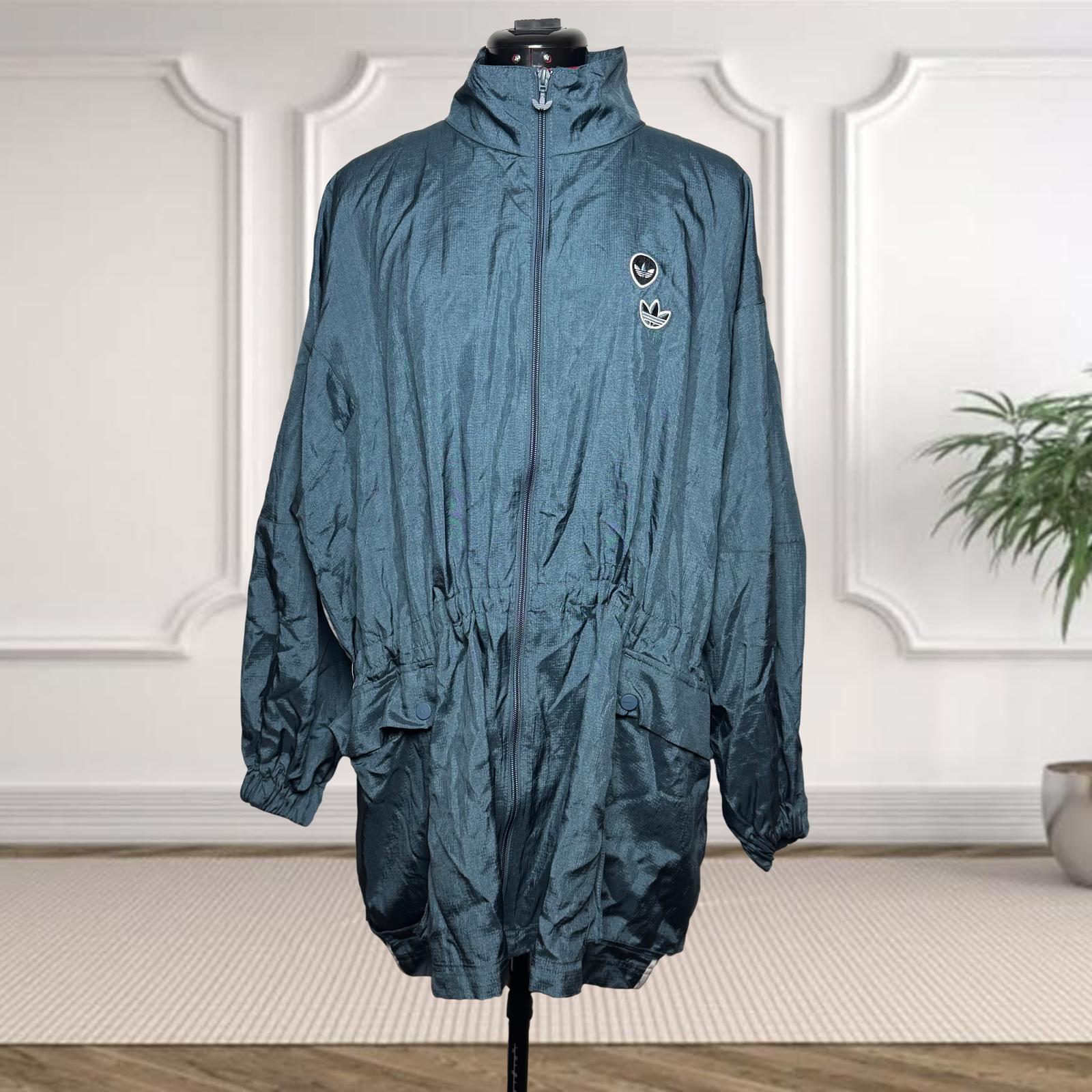 Adidas Womens Blue Long Windbreaker Jacket Patch Pocket Drawstring Waist Size M