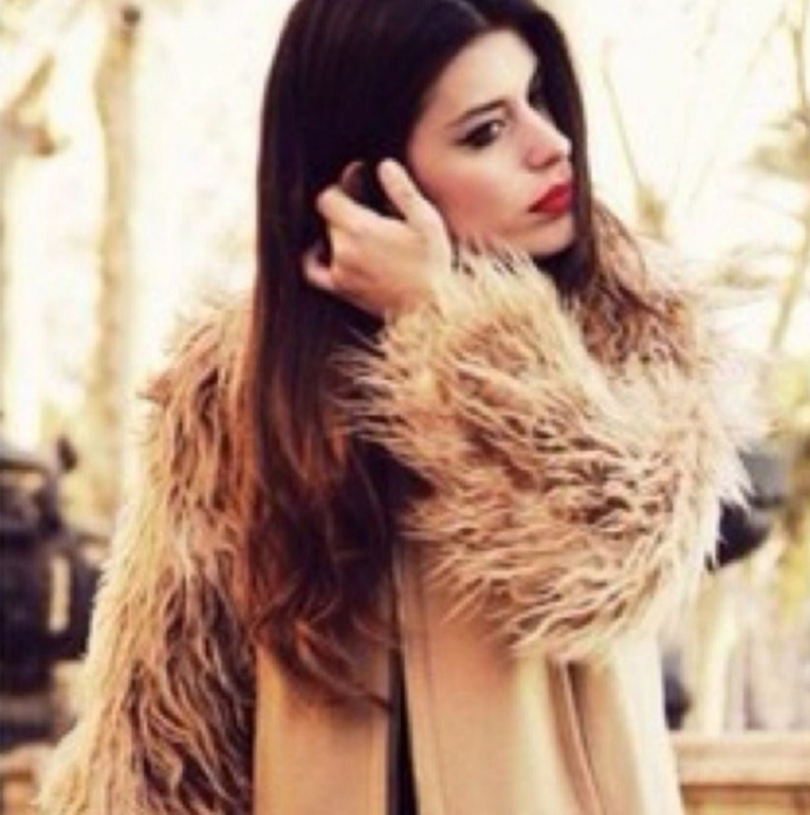 Zara Camel Wool Coat with Shag Fur Sleeves