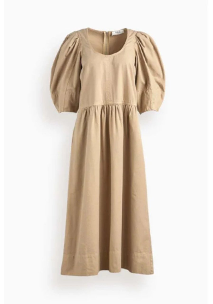 Sea New York Sz L 350 Cara Beige Puff Sleeve Dress Scoop Neck Midi Cotton