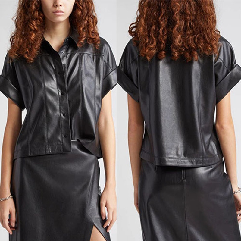 NWT Alice + Olivia Edyth Vegan Leather Snap Front Spread Collar Shirt Black