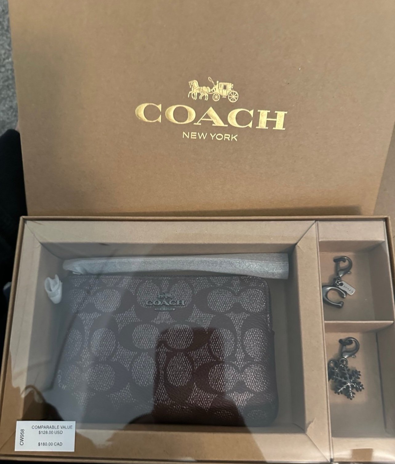 NWT COACH Boxed Corner Zip Wristlet in Signature Canvas with Charms
