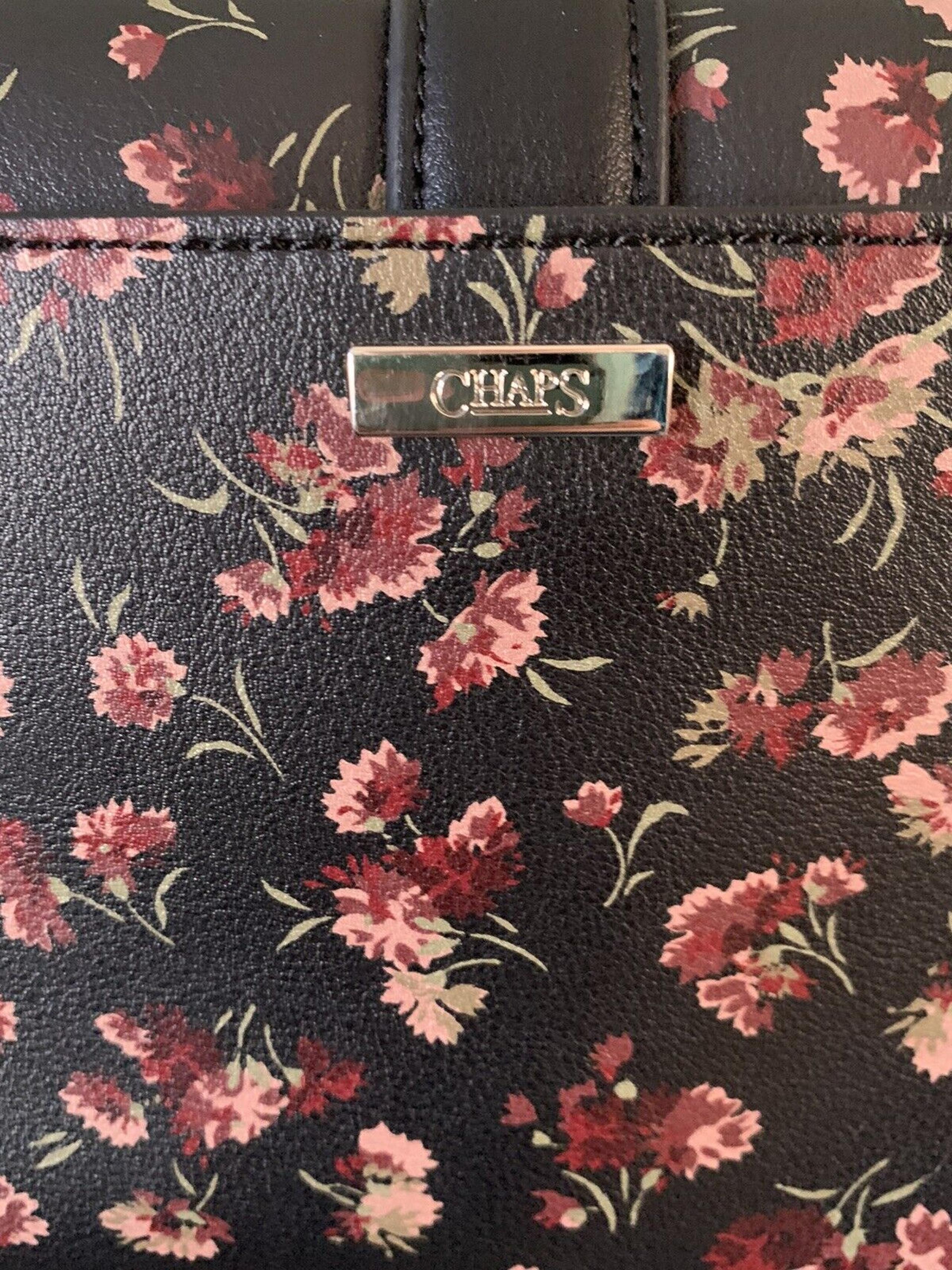 CHAPS Small Faux Leather CROSS-BODY Purse Hand Bag w Floral Print 10.5x7x2 "