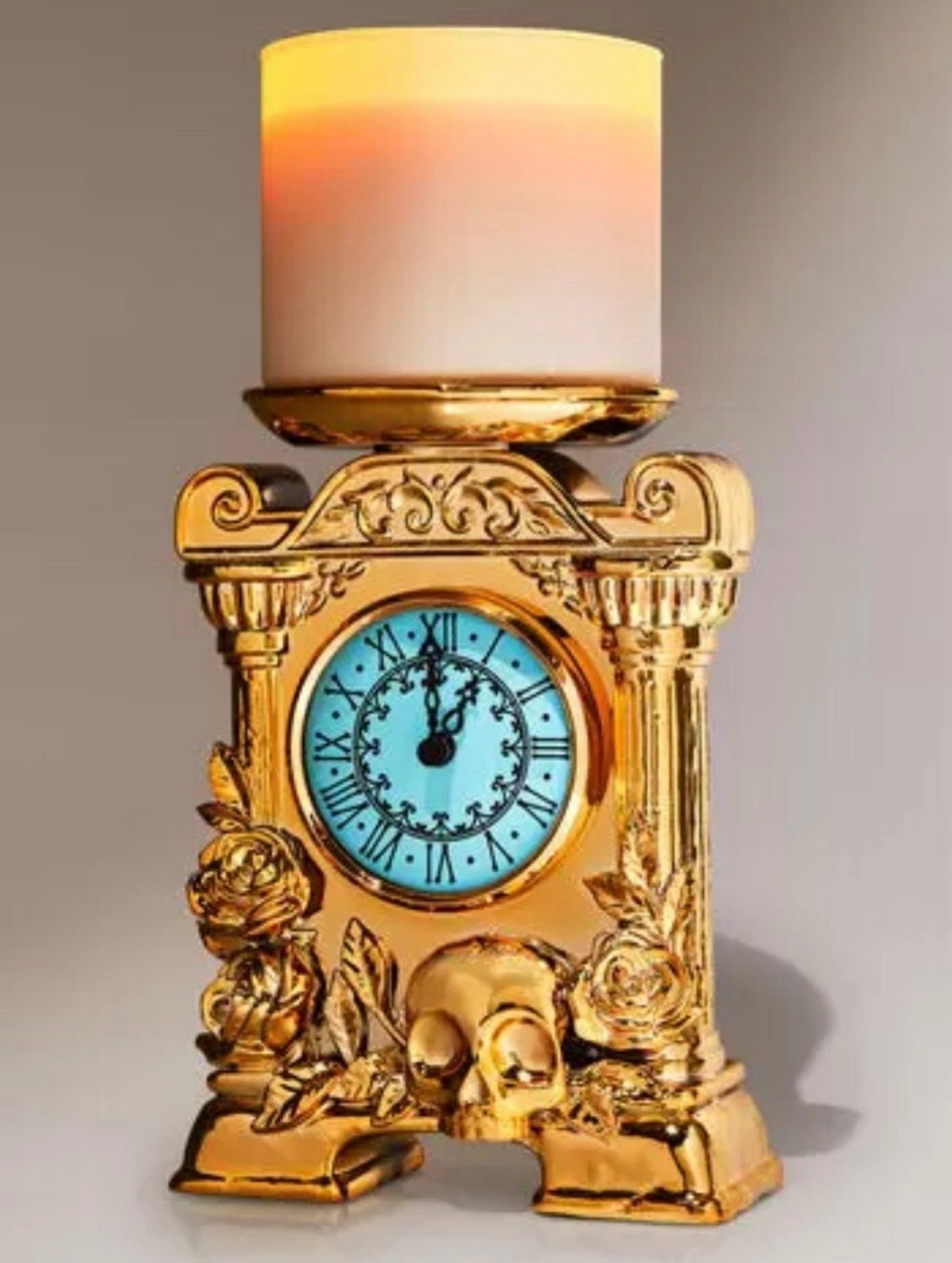 Bath and Body Works Gold Halloween Glow In dark &Roses 3-Wick Jar Candle Holder